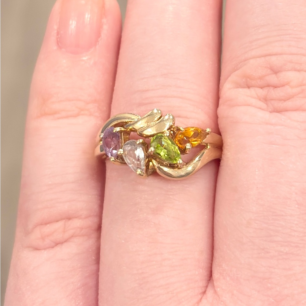 10K Rainbow Gemstone Ring, Swirl Aquamarine Peridot Citrine Amethyst Size 7.25 - Picture 4 of 13